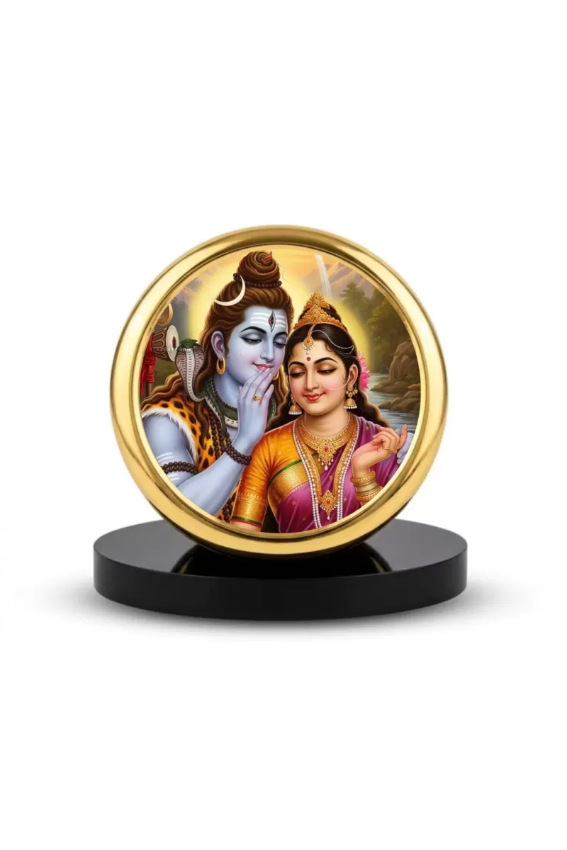Car Dashboard/Table Top Lord Shiva & Parvati Metal Golden Photo Stand  2x2 Inches, Compact & Stylish Spiritual Display For Car, Home & Office (Pack Of 1) (F24795)
