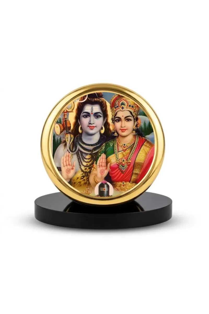 Car Dashboard/Table Top Lord Shiva & Parvati Metal Golden Photo Stand  2x2 Inches, Compact & Stylish Spiritual Display For Car, Home & Office (Pack Of 1) (F24794)