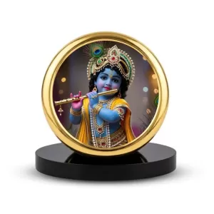 Car Dashboard/Table Top Lord Krishna Metal Golden Photo Stand  2x2 Inches, Compact & Stylish Spiritual Display For Car, Home & Office (Pack Of 1) (F24798)