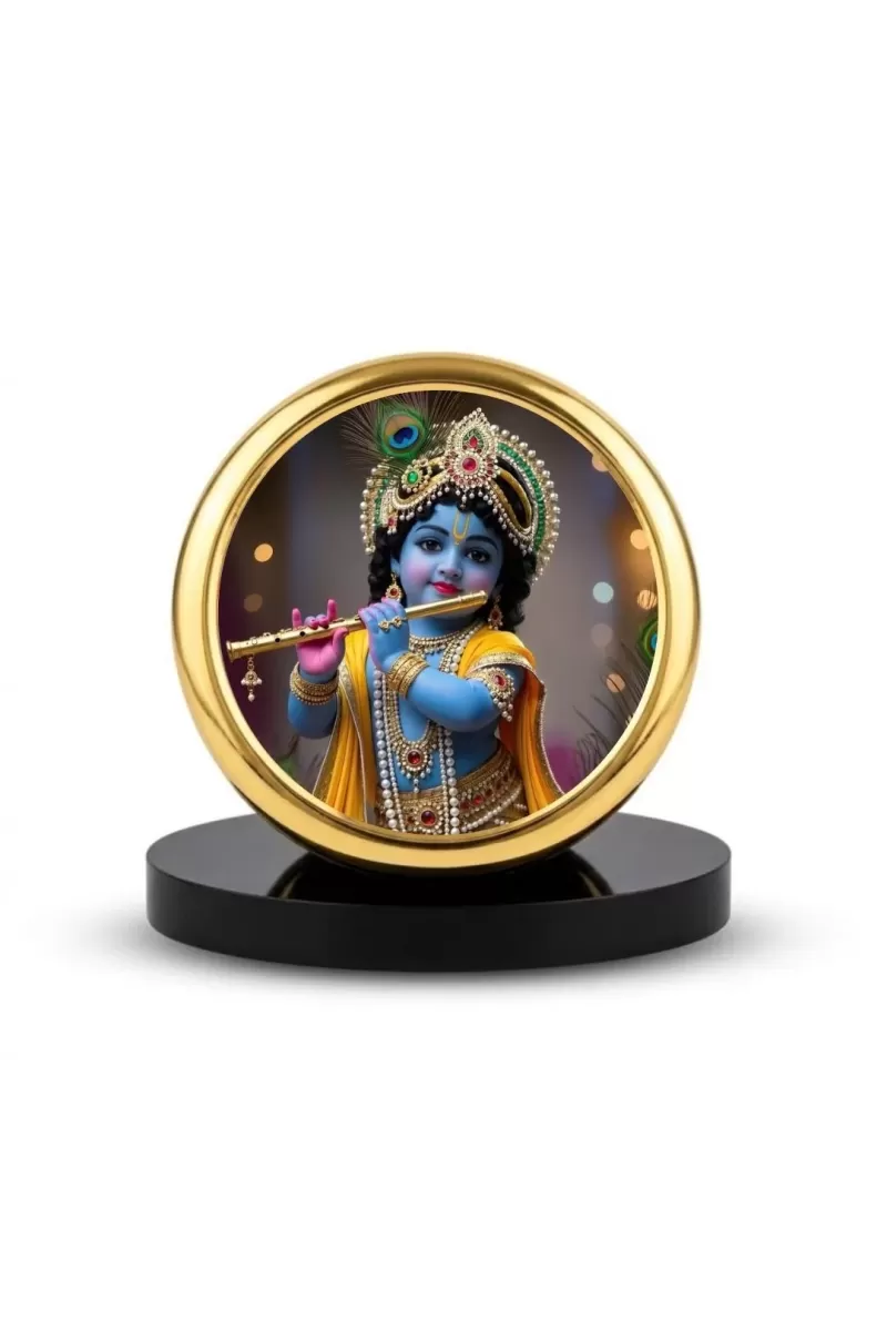 Car Dashboard/Table Top Lord Krishna Metal Golden Photo Stand  2x2 Inches, Compact & Stylish Spiritual Display For Car, Home & Office (Pack Of 1) (F24798)