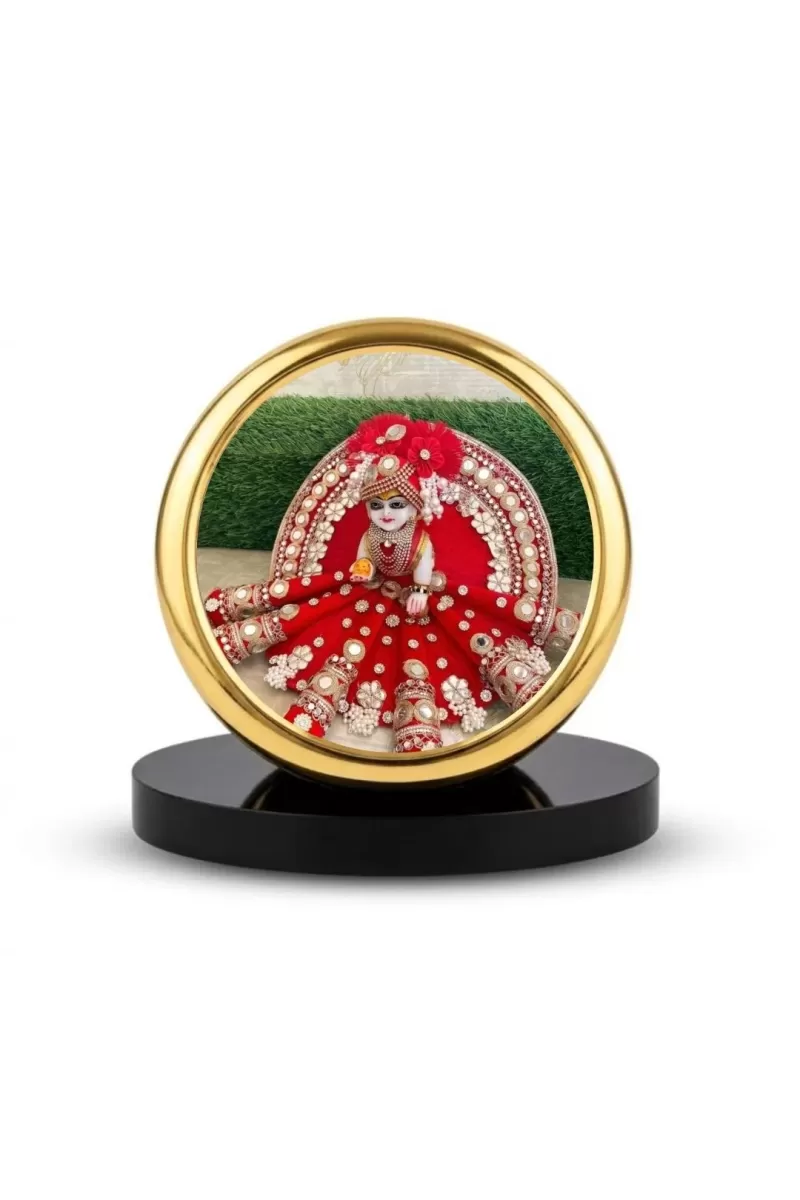 Car Dashboard/Table Top  Laddu Gopal Metal Golden Photo Stand  2x2 Inches, Compact & Stylish Spiritual Display For Car, Home & Office (Pack Of 1) (F24802)