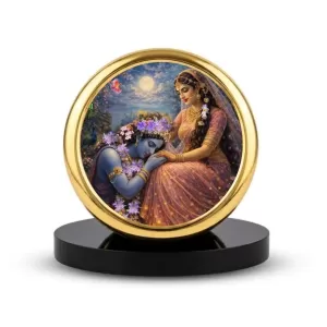 Car Dashboard/Table Top Radha Krishna  Metal Golden Photo Stand  2x2 Inches, Compact & Stylish Spiritual Display For Car, Home & Office (Pack Of 1) (F24546)