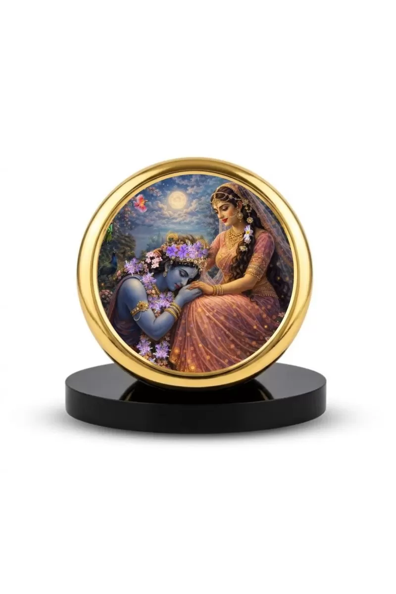 Car Dashboard/Table Top Radha Krishna  Metal Golden Photo Stand  2x2 Inches, Compact & Stylish Spiritual Display For Car, Home & Office (Pack Of 1) (F24546)
