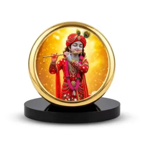 Car Dashboard/Table Top Lord Krishna Metal Golden Photo Stand  2x2 Inches, Compact & Stylish Spiritual Display For Car, Home & Office (Pack Of 1) (F24799)