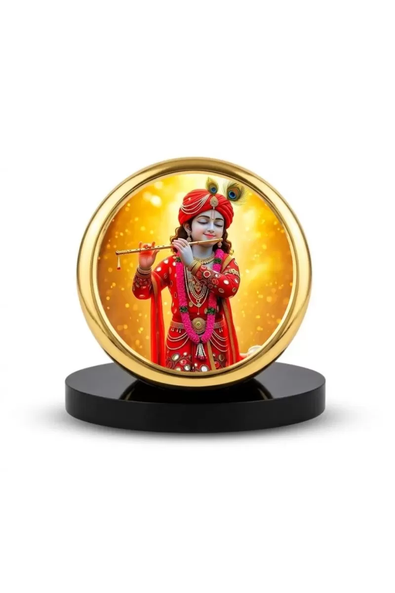 Car Dashboard/Table Top Lord Krishna Metal Golden Photo Stand  2x2 Inches, Compact & Stylish Spiritual Display For Car, Home & Office (Pack Of 1) (F24799)