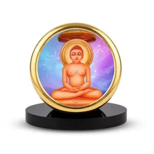 Car Dashboard/Table Top Lord Mahavira Metal Golden Photo Stand  2x2 Inches, Compact & Stylish Spiritual Display For Car, Home & Office (Pack Of 1) (F24806)