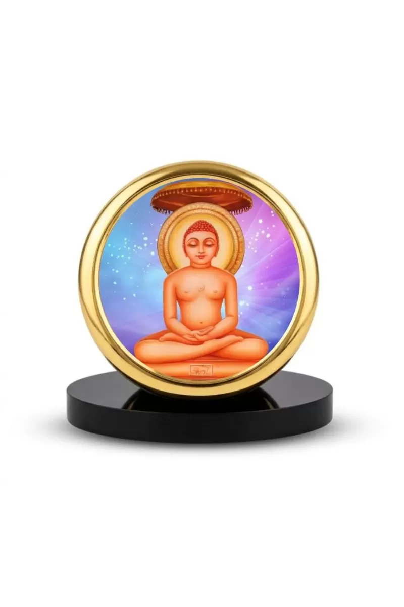 Car Dashboard/Table Top Lord Mahavira Metal Golden Photo Stand  2x2 Inches, Compact & Stylish Spiritual Display For Car, Home & Office (Pack Of 1) (F24806)