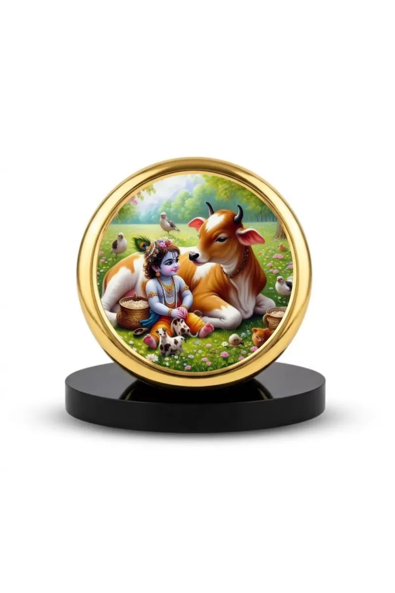 Car Dashboard/Table Top  Bal Krishna Metal Golden Photo Stand  2x2 Inches, Compact & Stylish Spiritual Display For Car, Home & Office (Pack Of 1) (F24559)