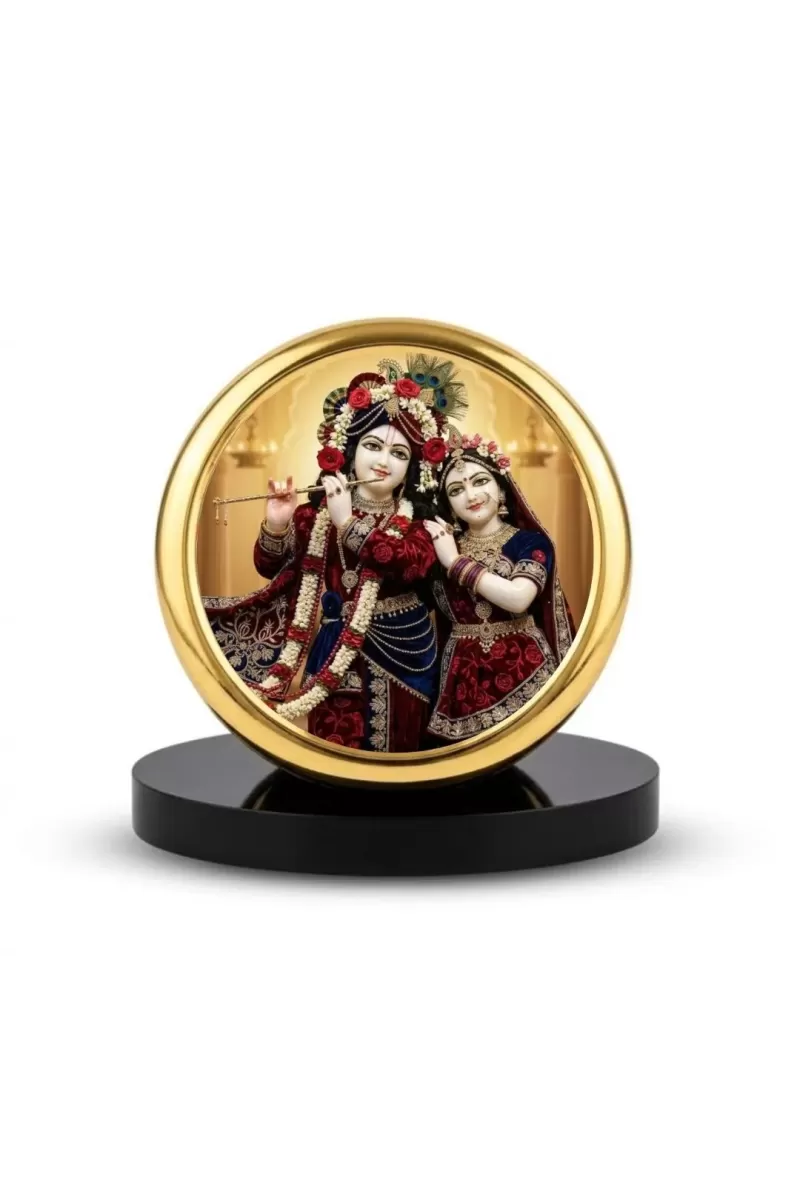 Car Dashboard/Table Top  Radha Krishna Metal Golden Photo Stand  2x2 Inches, Compact & Stylish Spiritual Display For Car, Home & Office (Pack Of 1) (F24567)