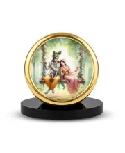 Car Dashboard/Table Top Radha Krishna Metal Golden Photo Stand  2x2 Inches, Compact & Stylish Spiritual Display For Car, Home & Office (Pack Of 1) (F24570)