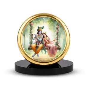 Car Dashboard/Table Top Radha Krishna Metal Golden Photo Stand  2x2 Inches, Compact & Stylish Spiritual Display For Car, Home & Office (Pack Of 1) (F24570)