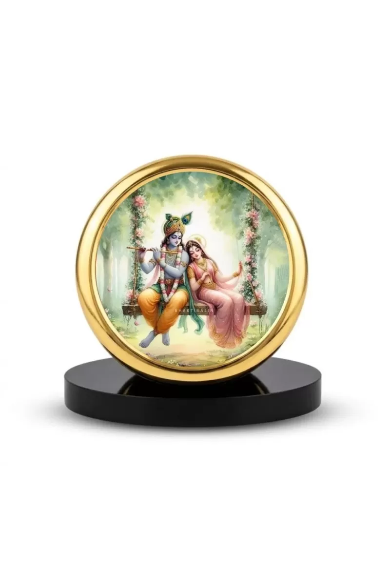 Car Dashboard/Table Top Radha Krishna Metal Golden Photo Stand  2x2 Inches, Compact & Stylish Spiritual Display For Car, Home & Office (Pack Of 1) (F24570)