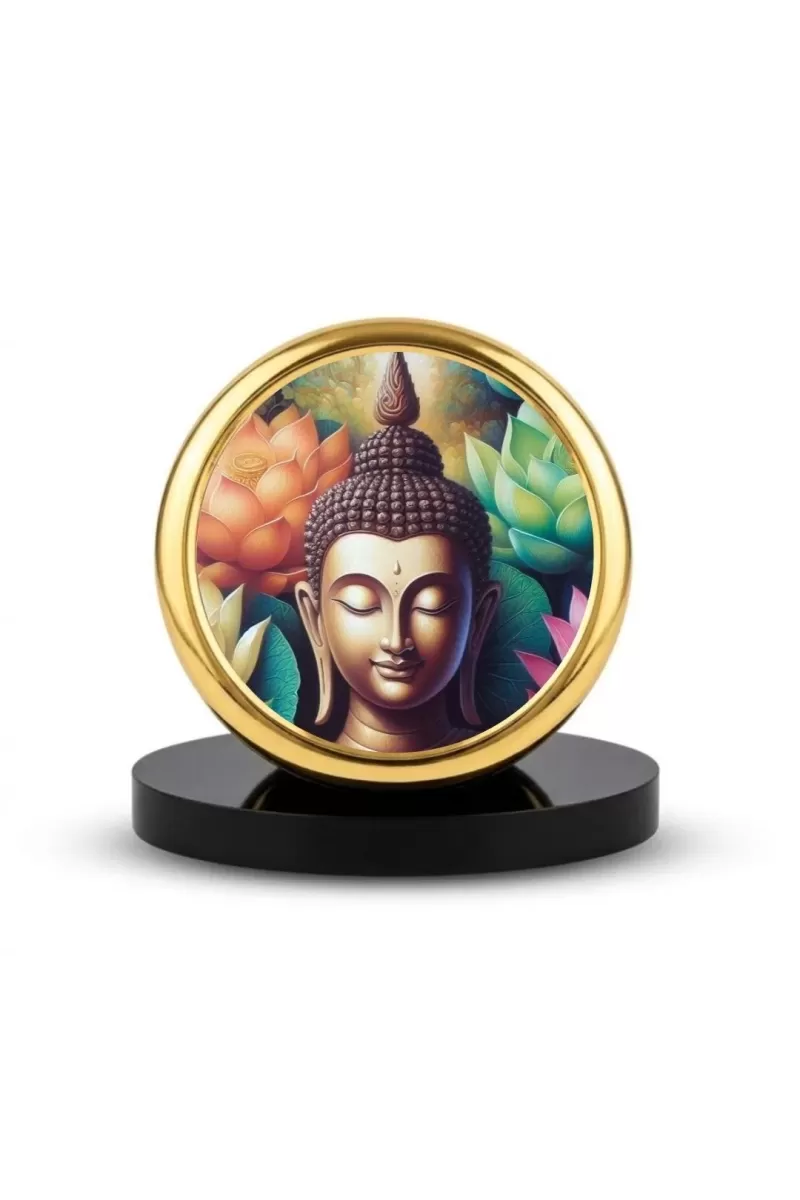 Car Dashboard/Table Top  Lord Gautam Buddha Metal Golden Photo Stand  2x2 Inches, Compact & Stylish Spiritual Display For Car, Home & Office (Pack Of 1) (F24573)