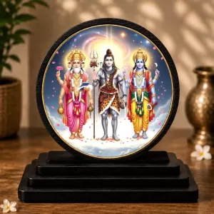 Premium Wooden  Lord Shiva, Vishnu, And Brahma Showpiece For Car Dashboard & Office Table | 4 X 4.5 Inch Sublimation Printed Decorative Stand | 4 Mm MDF | Home Decor | Made In India (F33571)