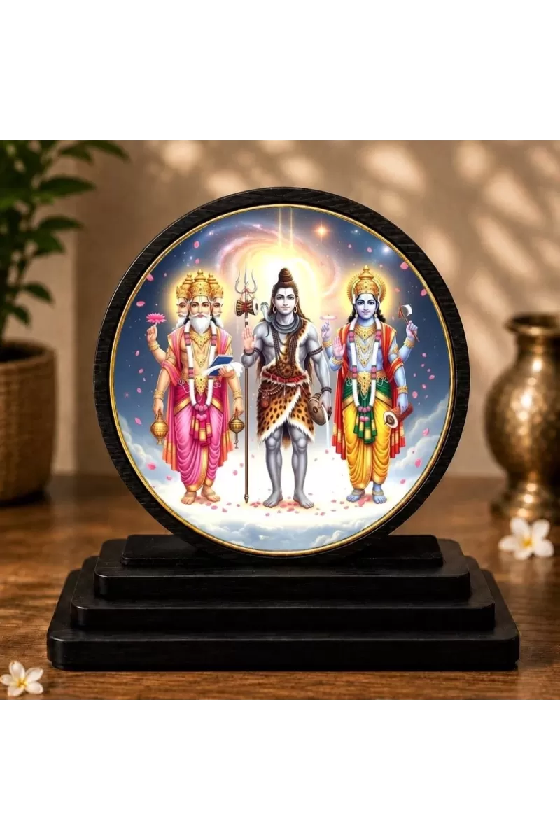Premium Wooden  Lord Shiva, Vishnu, And Brahma Showpiece For Car Dashboard & Office Table | 4 X 4.5 Inch Sublimation Printed Decorative Stand | 4 Mm MDF | Home Decor | Made In India (F33571)