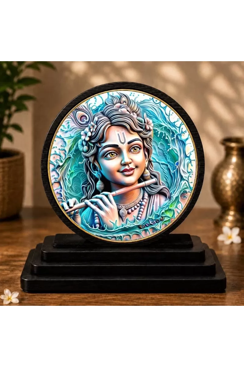 Premium Wooden Lord Krishna Showpiece For Car Dashboard & Office Table | 4 X 4.5 Inch Sublimation Printed Decorative Stand | 4 Mm MDF | Home Decor | Made In India (F33320)