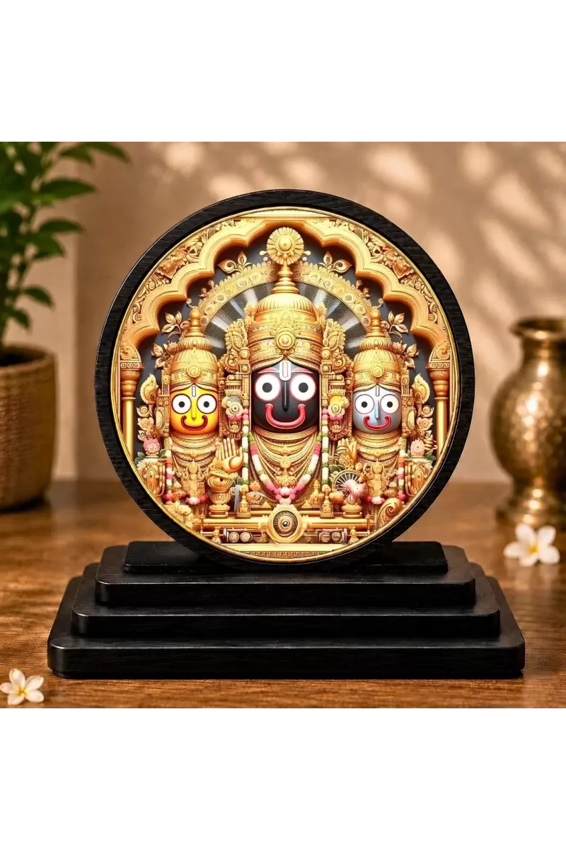 Premium Wooden Sri Jagannath Balaram Subhadra Showpiece For Car Dashboard & Office Table | 4 X 4.5 Inch Sublimation Printed Decorative Stand | 4 Mm MDF | Home Decor | Made In India (F33592)