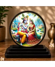 Premium Wooden  Lord Radhe Krishna Showpiece For Car Dashboard & Office Table | 4 X 4.5 Inch Sublimation Printed Decorative Stand | 4 Mm MDF | Home Decor | Made In India (F33338)