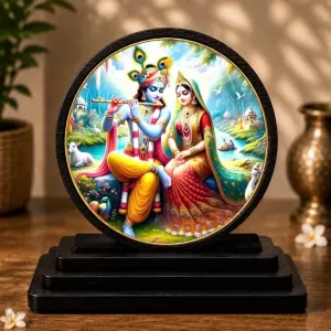 Premium Wooden  Lord Radhe Krishna Showpiece For Car Dashboard & Office Table | 4 X 4.5 Inch Sublimation Printed Decorative Stand | 4 Mm MDF | Home Decor | Made In India (F33338)