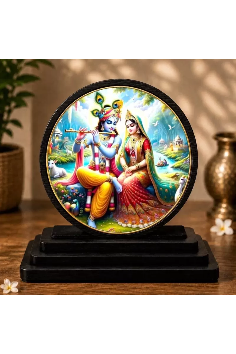 Premium Wooden  Lord Radhe Krishna Showpiece For Car Dashboard & Office Table | 4 X 4.5 Inch Sublimation Printed Decorative Stand | 4 Mm MDF | Home Decor | Made In India (F33338)