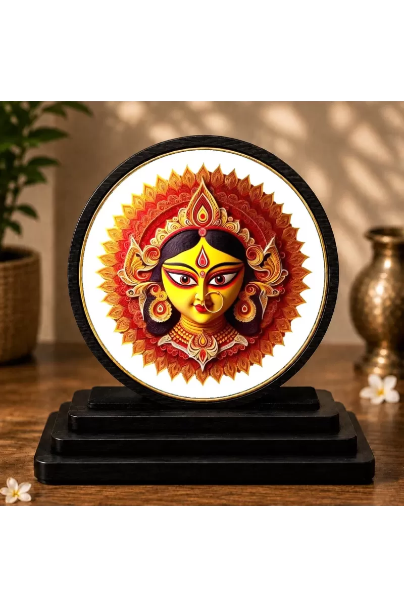 Premium Wooden Goddess Durga Showpiece For Car Dashboard & Office Table | 4 X 4.5 Inch Sublimation Printed Decorative Stand | 4 Mm MDF | Home Decor | Made In India (F33594)