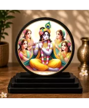Premium Wooden Radha Krishna With Gopis Showpiece For Car Dashboard & Office Table | 4 X 4.5 Inch Sublimation Printed Decorative Stand | 4 Mm MDF | Home Decor | Made In India (F33394)