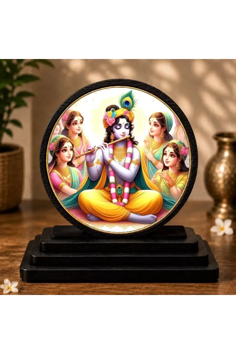 Premium Wooden Radha Krishna With Gopis Showpiece For Car Dashboard & Office Table | 4 X 4.5 Inch Sublimation Printed Decorative Stand | 4 Mm MDF | Home Decor | Made In India (F33394)