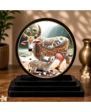 Premium Wooden Kamdhenu Cow Showpiece For Car Dashboard & Office Table | 4 X 4.5 Inch Sublimation Printed Decorative Stand | 4 Mm MDF | Home Decor | Made In India (F33703)