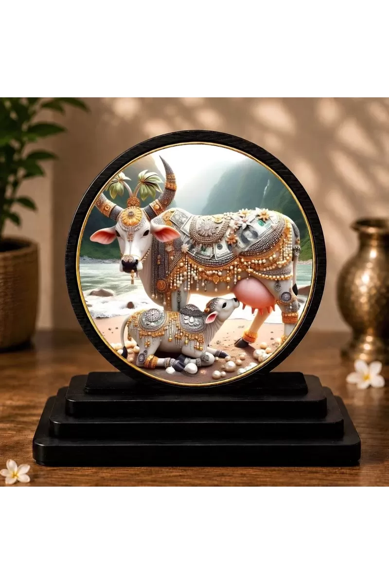 Premium Wooden Kamdhenu Cow Showpiece For Car Dashboard & Office Table | 4 X 4.5 Inch Sublimation Printed Decorative Stand | 4 Mm MDF | Home Decor | Made In India (F33703)