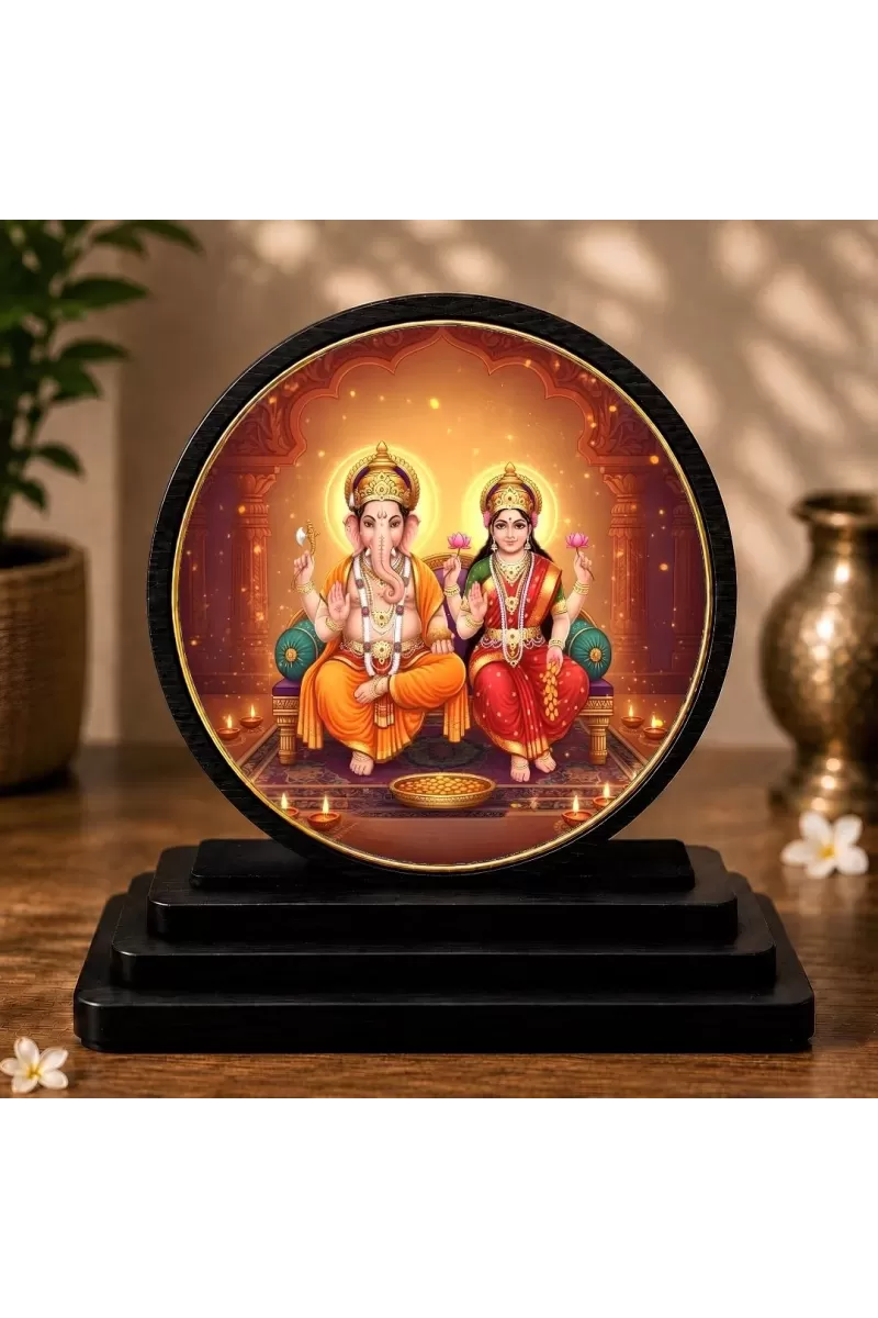 Premium Wooden Lord Ganesha And Goddess Laxmi Showpiece For Car Dashboard & Office Table | 4 X 4.5 Inch Sublimation Printed Decorative Stand | 4 Mm MDF | Home Decor | Made In India (F33660)