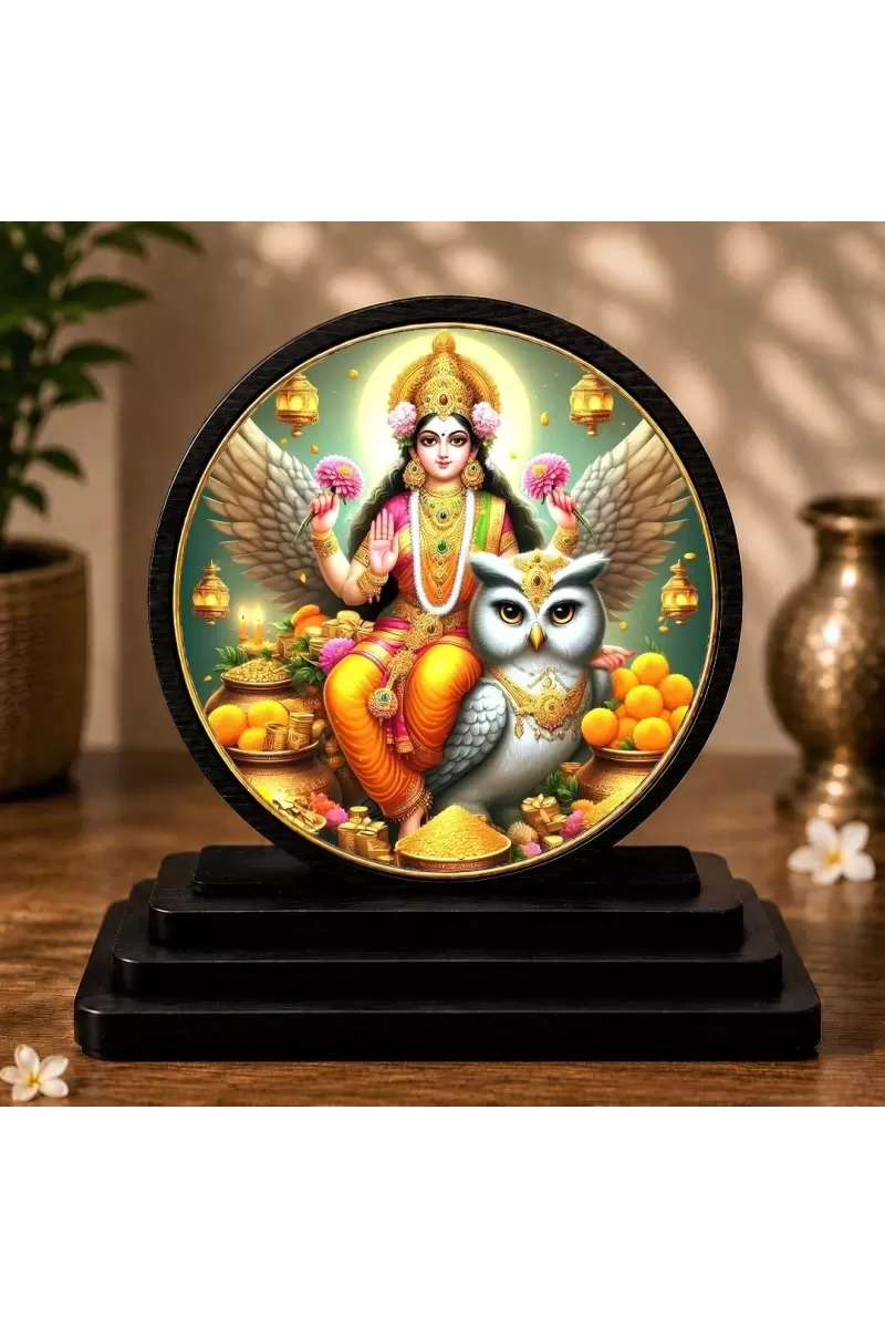 Premium Wooden  Goddess Lakshmi Showpiece For Car Dashboard & Office Table | 4 X 4.5 Inch Sublimation Printed Decorative Stand | 4 Mm MDF | Home Decor | Made In India (F33673)