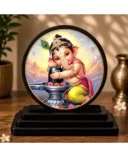 Premium Wooden Bal Ganesh Hugging A Shiva Lingam Showpiece For Car Dashboard & Office Table | 4 X 4.5 Inch Sublimation Printed Decorative Stand | 4 Mm MDF | Home Decor | Made In India (F33480)
