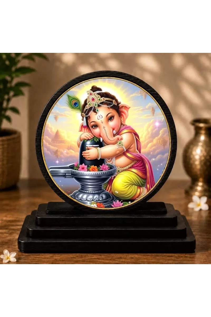Premium Wooden Bal Ganesh Hugging A Shiva Lingam Showpiece For Car Dashboard & Office Table | 4 X 4.5 Inch Sublimation Printed Decorative Stand | 4 Mm MDF | Home Decor | Made In India (F33480)