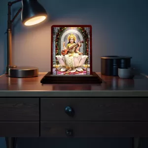 Car Desk/Table Top Goddess Saraswathi Wooden Photo Stand  3x4 Inches, Compact & Stylish Spiritual Display For Car, Home & Office (Pack Of 1) (F14151)