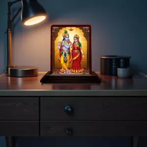 Car Desk/Table Top Radha Krishna Wooden Photo Stand 3x4 Inches, Compact & Stylish Spiritual Display For Car, Home & Office (Pack Of 1) (F14192) Car Desk/Table Top Radha Krishna Wooden Photo Stand 3x4 Inches, Compact & Stylish Spiritual Display For Car, Home & Office (Pack Of 1) (F14192)