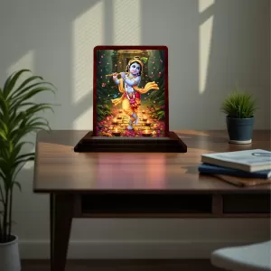 Car Desk/Table Top Lord Krishna Wooden Photo Stand  3x4 Inches, Compact & Stylish Spiritual Display For Car, Home & Office (Pack Of 1) (F14297)