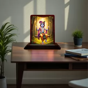 Car Desk/Table Top Lord Krishna Wooden Photo Stand  3x4 Inches, Compact & Stylish Spiritual Display For Car, Home & Office (Pack Of 1) (F14298)