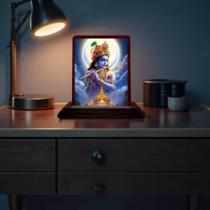 Car Desk/Table Top Lord Krishna Wooden Photo Stand  3x4 Inches, Compact & Stylish Spiritual Display For Car, Home & Office (Pack Of 1) (F14349)