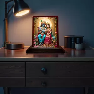 Car Desk/Table Top Radha Krishna Wooden Photo Stand 3x4 Inches, Compact & Stylish Spiritual Display For Car, Home & Office (Pack Of 1) (F14363) Car Desk/Table Top Radha Krishna Wooden Photo Stand 3x4 Inches, Compact & Stylish Spiritual Display For Car, Home & Office (Pack Of 1) (F14363)