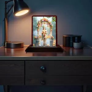 Car Desk/Table Top Lord Krishna Wooden Photo Stand 3x4 Inches, Compact & Stylish Spiritual Display For Car, Home & Office (Pack Of 1) (F14370) Car Desk/Table Top Lord Krishna Wooden Photo Stand 3x4 Inches, Compact & Stylish Spiritual Display For Car, Home & Office (Pack Of 1) (F14370)