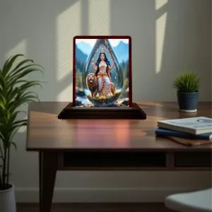 Car Desk/Table Top Goddess Durga Wooden Photo Stand  3x4 Inches, Compact & Stylish Spiritual Display For Car, Home & Office (Pack Of 1) (F14413)