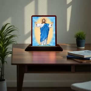 Car Desk/Table Top Lord Jesus Wooden Photo Stand 3x4 Inches, Compact & Stylish Spiritual Display For Car, Home & Office (Pack Of 1) (F14442) Car Desk/Table Top Lord Jesus Wooden Photo Stand 3x4 Inches, Compact & Stylish Spiritual Display For Car, Home & Office (Pack Of 1) (F14442)