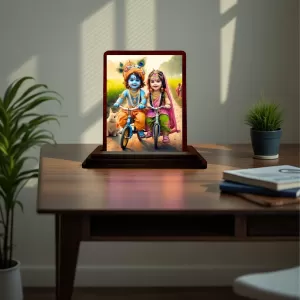 Car Desk/Table Top Radha Krishna Wooden Photo Stand 3x4 Inches, Compact & Stylish Spiritual Display For Car, Home & Office (Pack Of 1) (F14451) Car Desk/Table Top Radha Krishna Wooden Photo Stand 3x4 Inches, Compact & Stylish Spiritual Display For Car, Home & Office (Pack Of 1) (F14451)