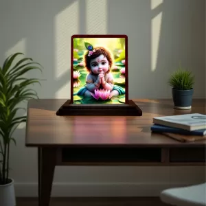 Car Desk/Table Top Lord Krishna Wooden Photo Stand  3x4 Inches, Compact & Stylish Spiritual Display For Car, Home & Office (Pack Of 1) (F14485)