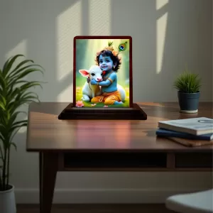 Car Desk/Table Top Lord Krishna Wooden Photo Stand  3x4 Inches, Compact & Stylish Spiritual Display For Car, Home & Office (Pack Of 1) (F14501)