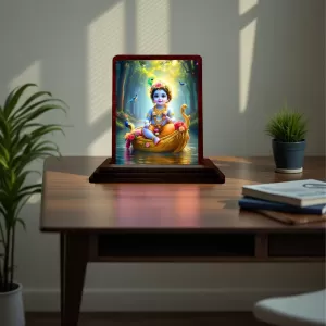 Car Desk/Table Top Lord Krishna Wooden Photo Stand  3x4 Inches, Compact & Stylish Spiritual Display For Car, Home & Office (Pack Of 1) (F14511)