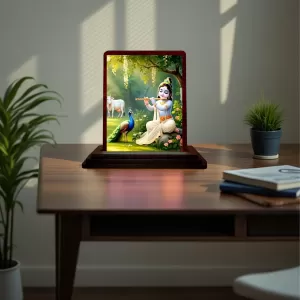 Car Desk/Table Top Lord Krishna Wooden Photo Stand  3x4 Inches, Compact & Stylish Spiritual Display For Car, Home & Office (Pack Of 1) (F14515)