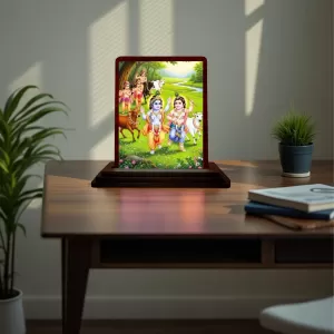 Car Desk/Table Top Lord Krishna Wooden Photo Stand  3x4 Inches, Compact & Stylish Spiritual Display For Car, Home & Office (Pack Of 1) (F14547)