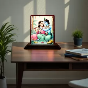 Car Desk/Table Top Radha Krishna Wooden Photo Stand 3x4 Inches, Compact & Stylish Spiritual Display For Car, Home & Office (Pack Of 1) (F14578) Car Desk/Table Top Radha Krishna Wooden Photo Stand 3x4 Inches, Compact & Stylish Spiritual Display For Car, Home & Office (Pack Of 1) (F14578)