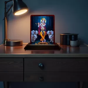 Car Desk/Table Top Lord Krishna Wooden Photo Stand  3x4 Inches, Compact & Stylish Spiritual Display For Car, Home & Office (Pack Of 1) (F14602)